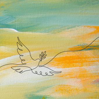 A stylized line drawing of a dove with an olive branch above a painted background