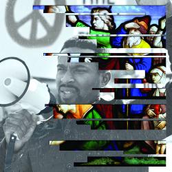 A collage image of a Black male protestor with a megaphone beside a stained glass depiction of the Exodus