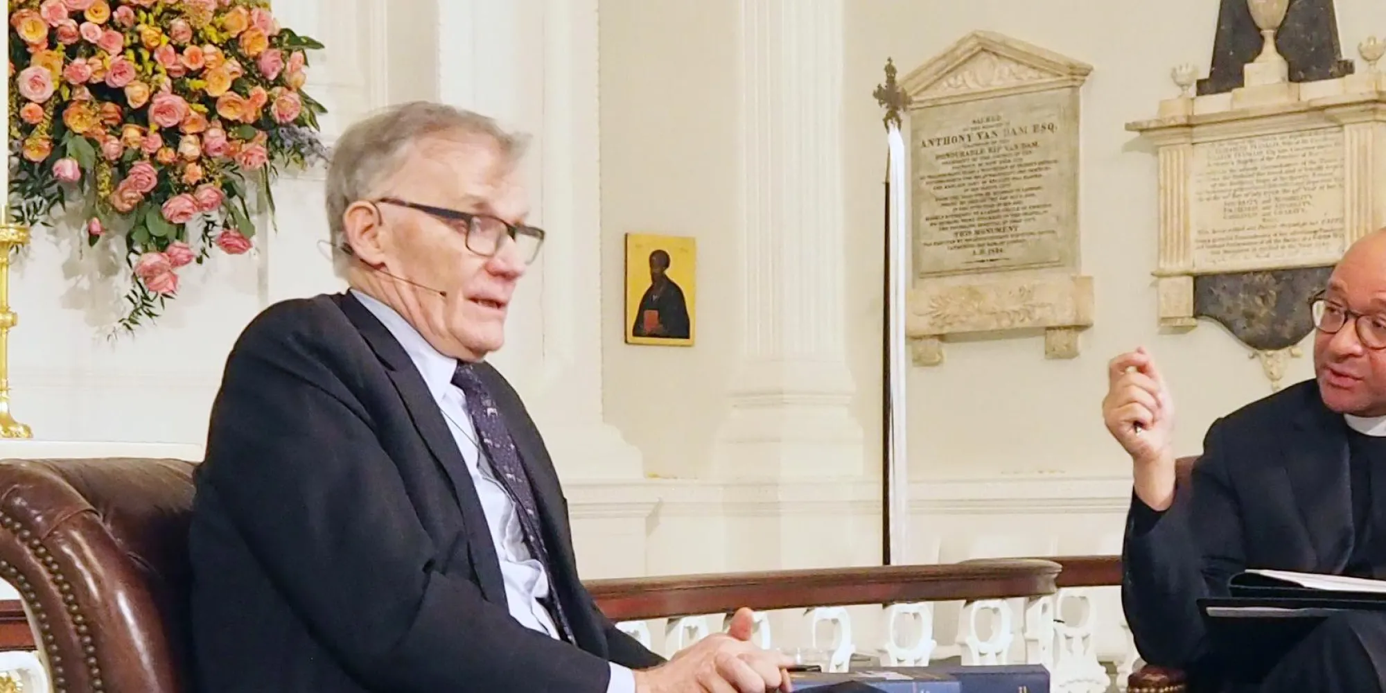 Author David Blight speaks with the Rev. Phil Jackson, priest-in-charge at Trinity in St. Paul's Chapel.