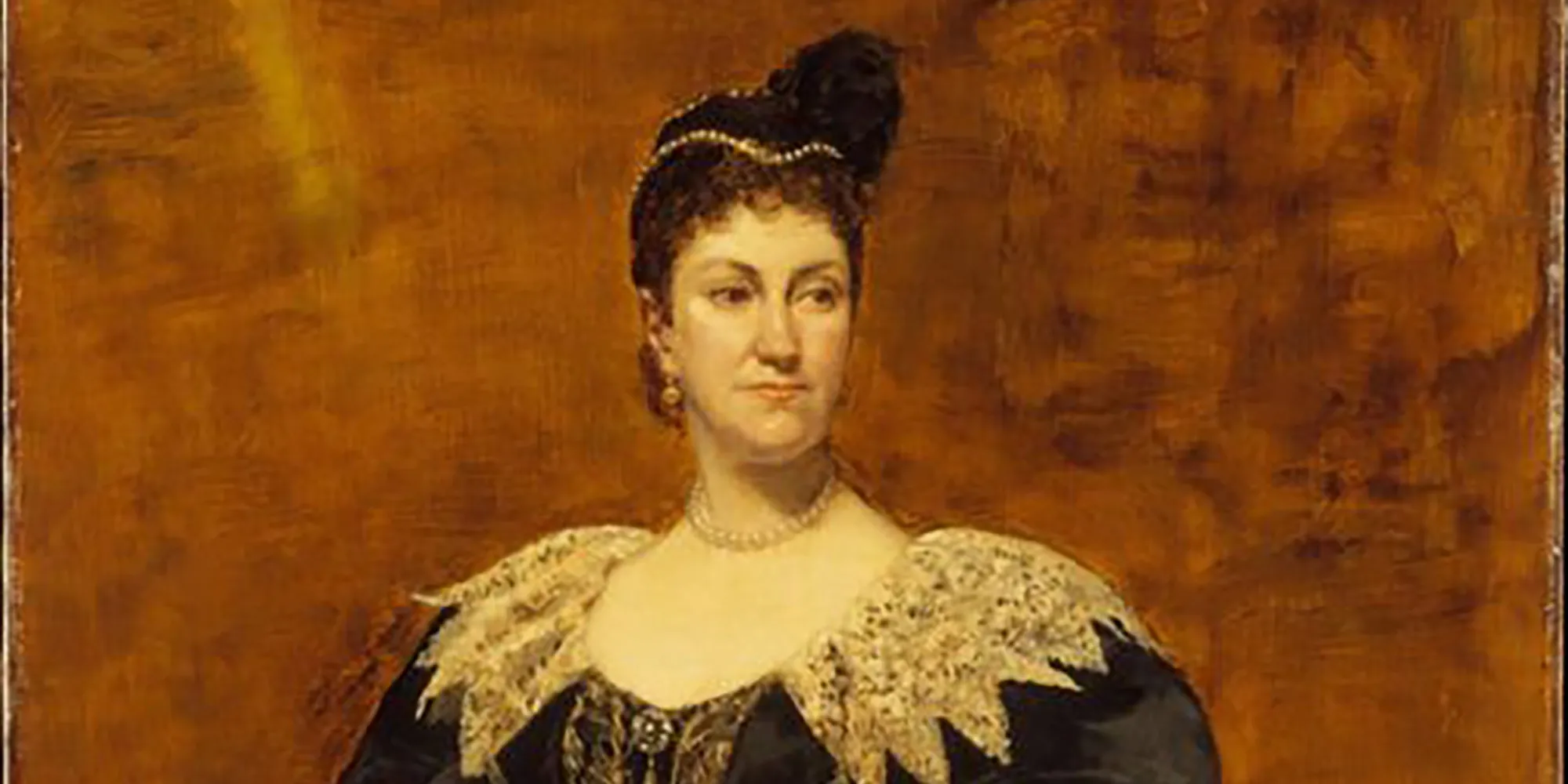 A painting of Caroline Webster Schermerhorn Astor with a black dress and brown background