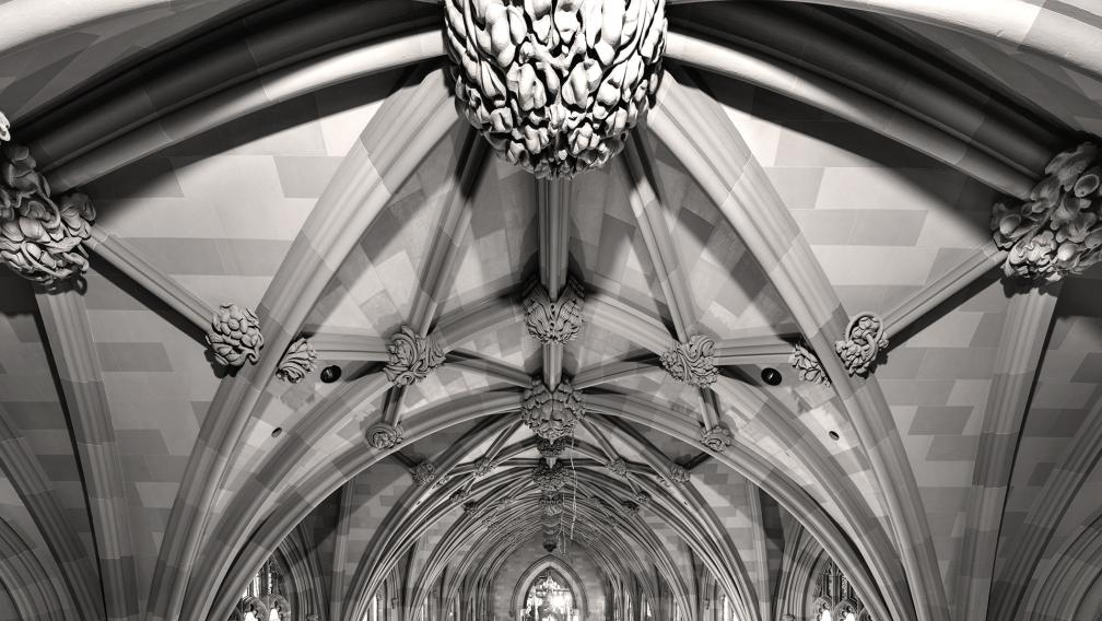 Trinity Church ceiling arches in black and white