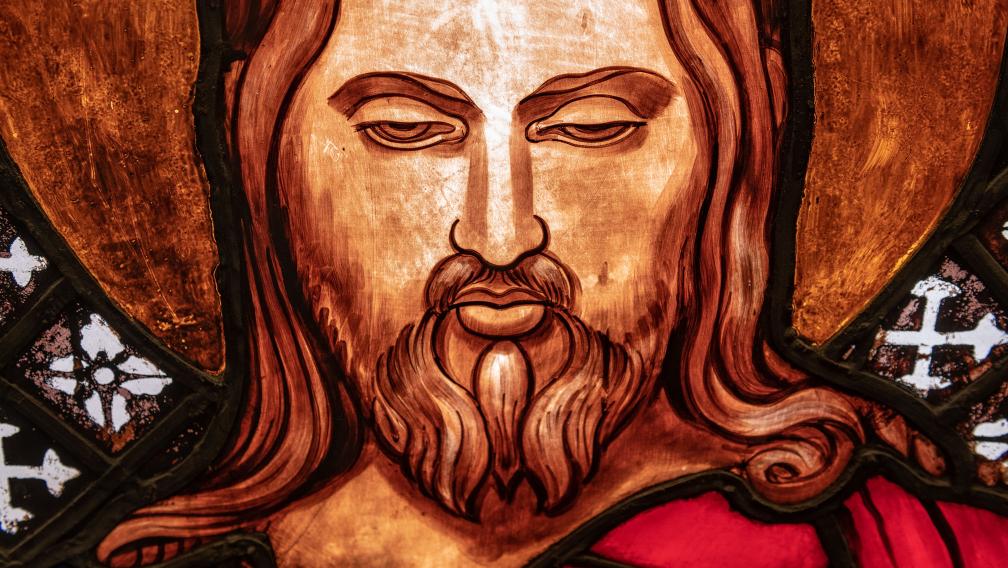 A stained glass depiction of Jesus