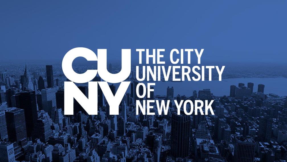 An overhead shot of the New York City skyline with a blue overlay, with the following text: "CUNY The City University of New York"