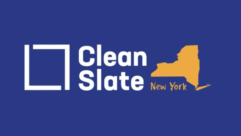 Clean Slate New York in white letters on a blue background, with the state of New York in yellow.