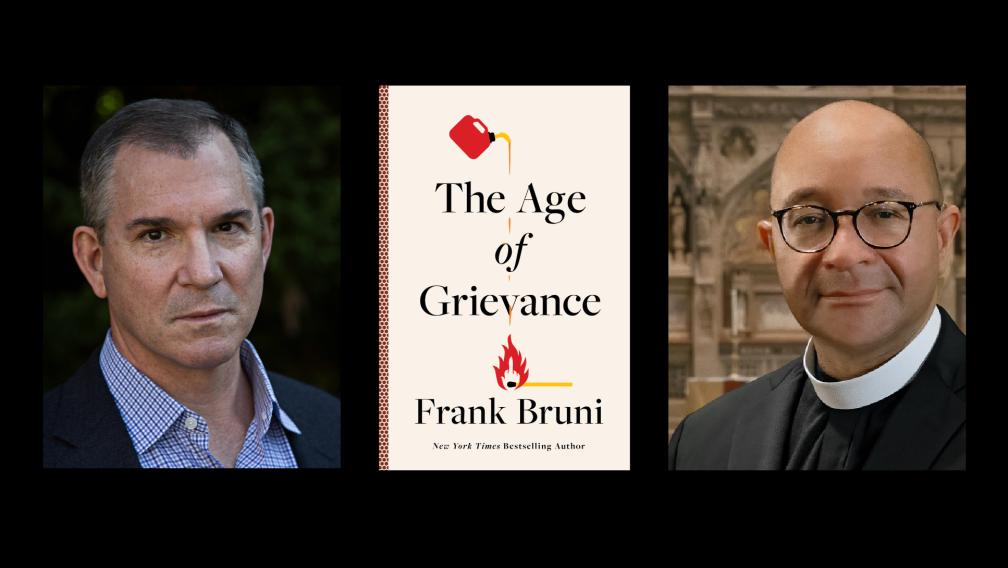 Frank Bruni, author of "The Age of Grievance," with the Rev. Phil Jackson