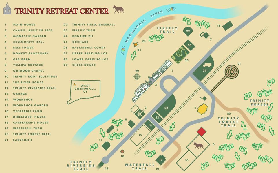 Illustrated campus map of the Trinity Retreat Center with a key to locations
