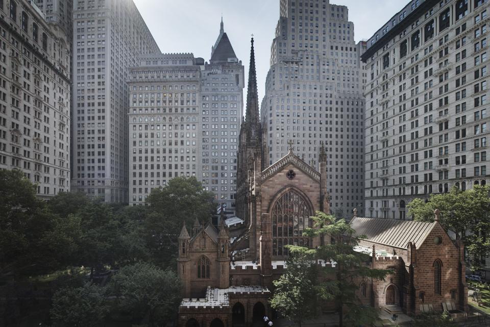 A view of Trinity Church and the surrounding neighborhood from 76 Trinity Place