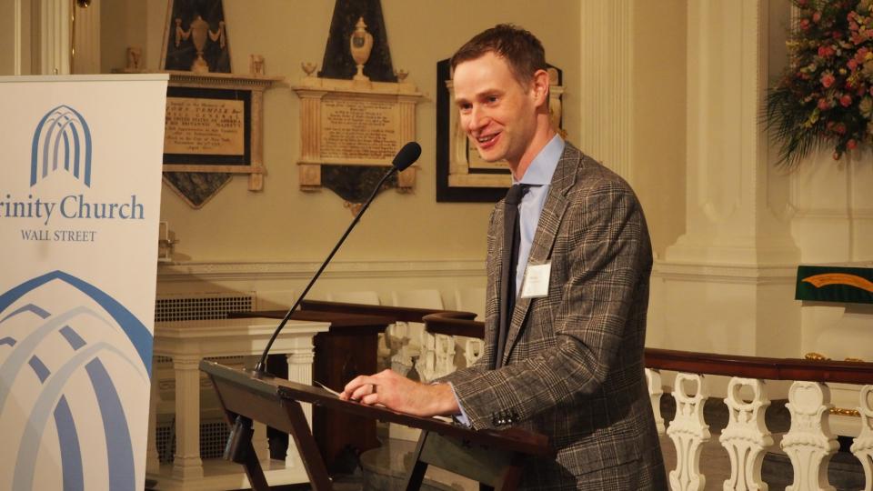 Neill Coleman speaking at St. Paul's Chapel in 2018.