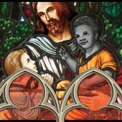 Stained glass image of Jesus and children