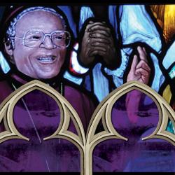 Stained glass image of Desmond Tutu