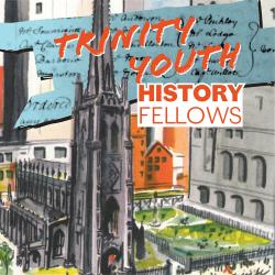 Watercolor of Trinity Church collaged with archival records and text, "Trinity Youth History Fellows."
