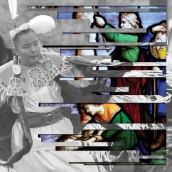 An image collage show an Indigenous woman dancing interposed with a stained glass depiction of the Exodus