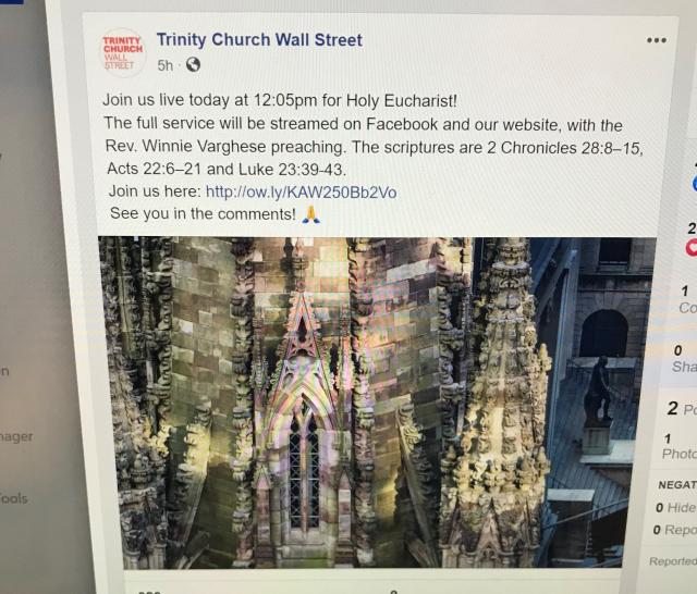 Trinity's Sunday Holy Eucharist is presented on Facebook Live as well as the 12:05pm worship every Monday through Friday.