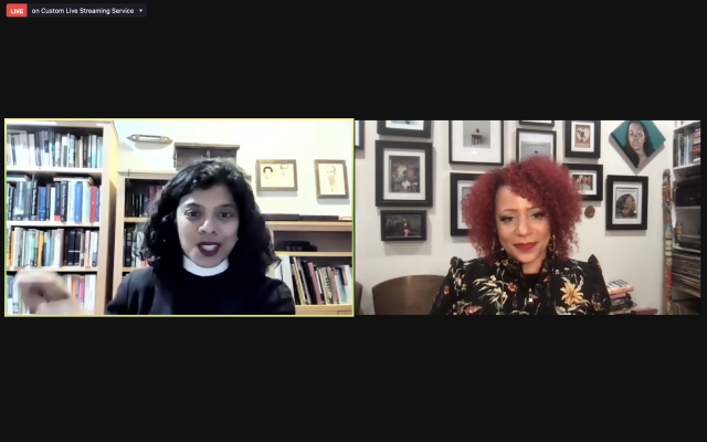 Image of a Zoom call with the Rev. Winnie Varghese and Nikole Hannah-Jones