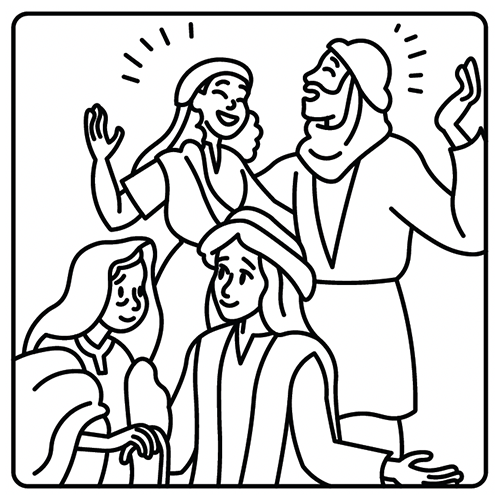 A line drawing of people joyfully reacting to good news