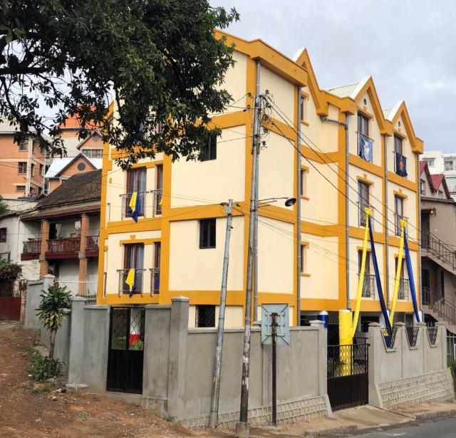 The exterior of the Trano Kambana commercial office building in Antananarivo, Madagascar.