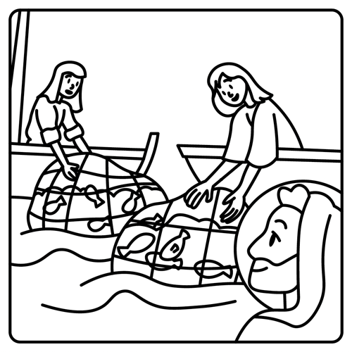 An line drawing of fishers pulling nets full of fish from the sea as Jesus looks on