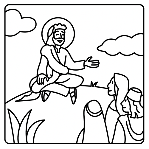 An illustration of Jesus sitting on a hill giving a sermon to a group of people