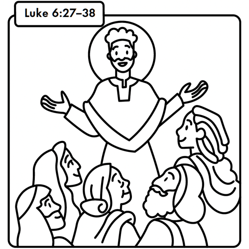 A comic line drawing of Jesus preaching to a crowd of people