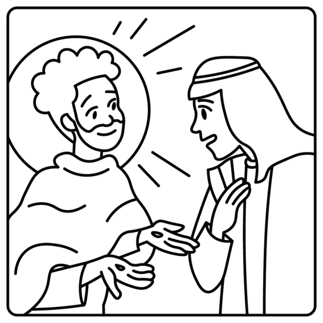 A line drawing of Jesus showing Thomas his wounds