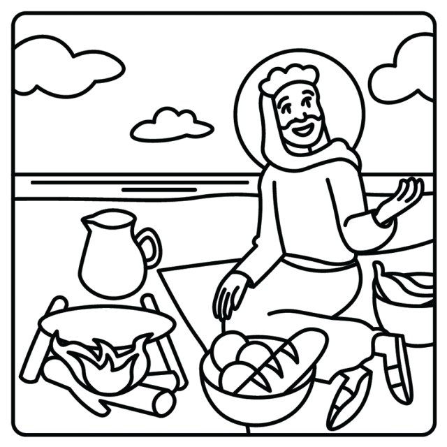 A line drawing of Jesus serving breakfast to the disciples