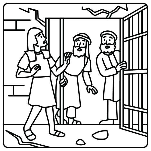 An illustration of Paul and Silas escaping prison