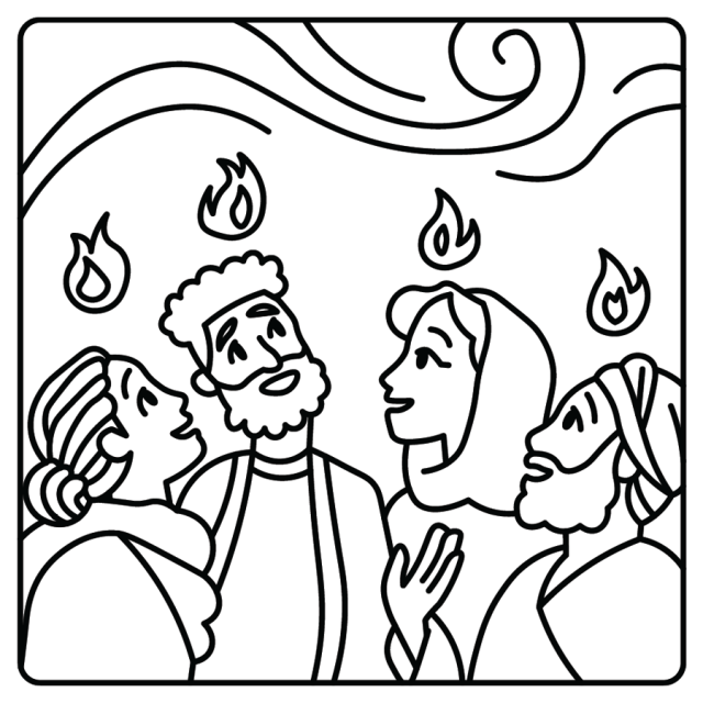 Illustration of the Day of Pentecost showing people with flames above their heads and a wind in the air