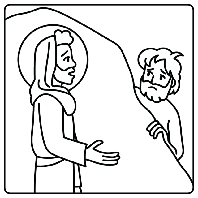 A line drawing of Jesus talking to a man outside of the city (Luke 8:26–39)