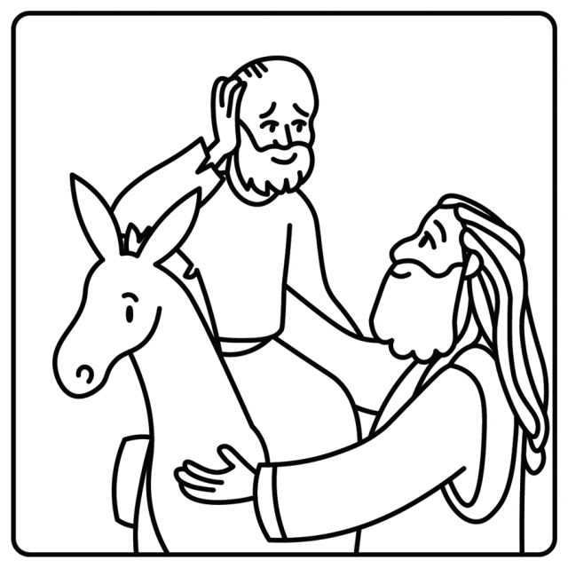 A line drawing of The Good Samaritan helping the wounded traveler