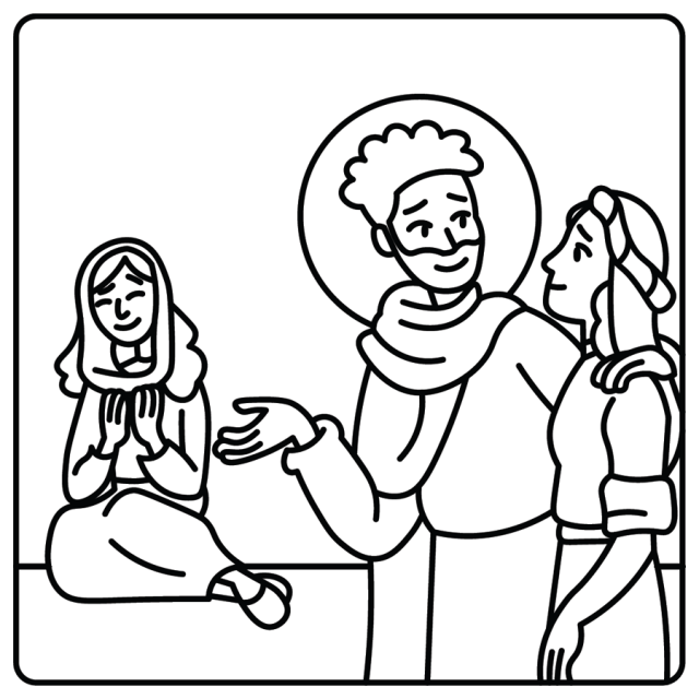 A line drawing of Jesus with Mary and Martha