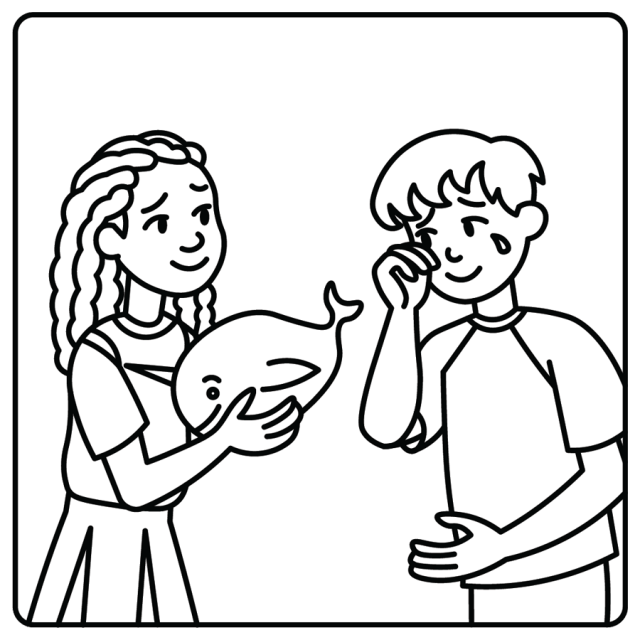 A line drawing of one child giving their treasure — a stuffed animal — to another child