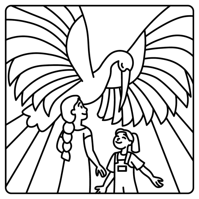 Line drawing of a bird with wide open wings covering two smiling children