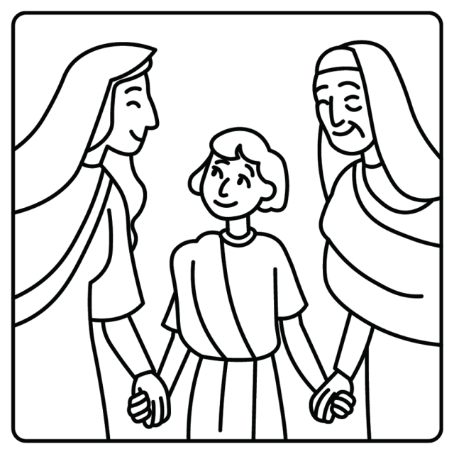 A line drawing of a child holding hands with their mother and grandmother