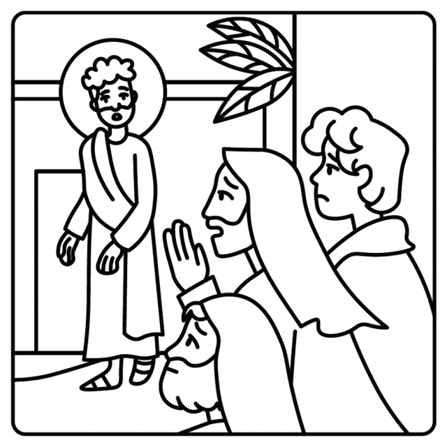 A line drawing of three lepers approaching Jesus to ask for help