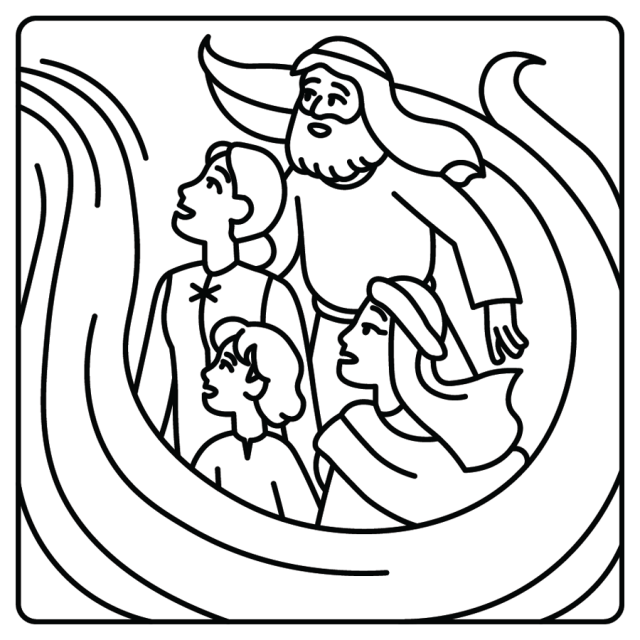 A line drawing of the Israelites crossing the Red Sea