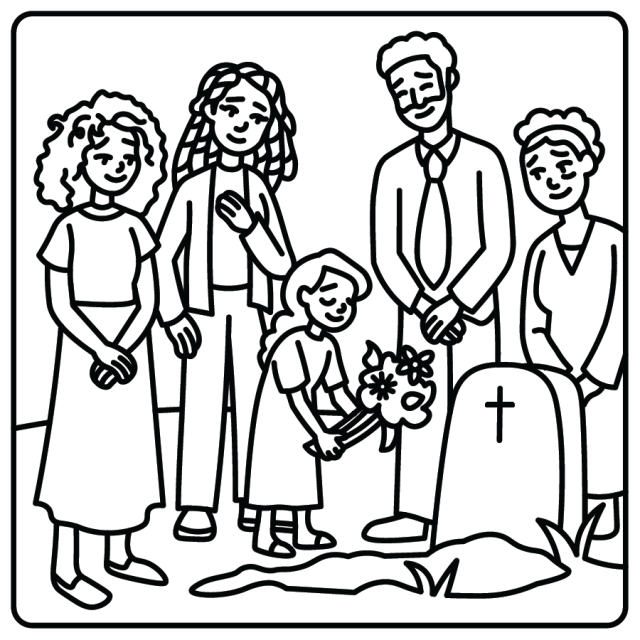 A line drawing of a family laying flowers at the grave of a loved one