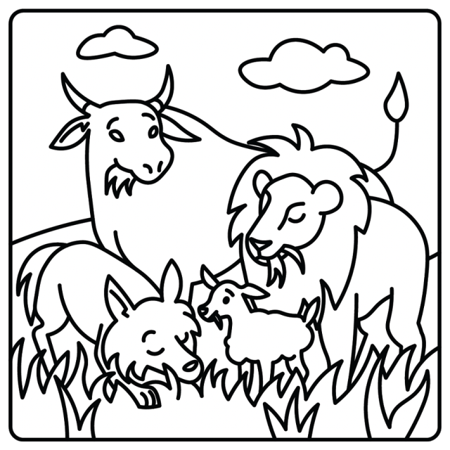 A line drawing of a cow, a lion, a wolf, and a lamb eating wild grass together