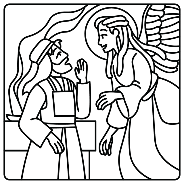 A line drawing of an angel appearing to Zechariah with a special message