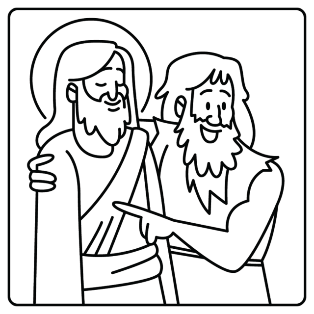 A cartoon line drawing of John the Baptist and Jesus standing together after Jesus's baptism