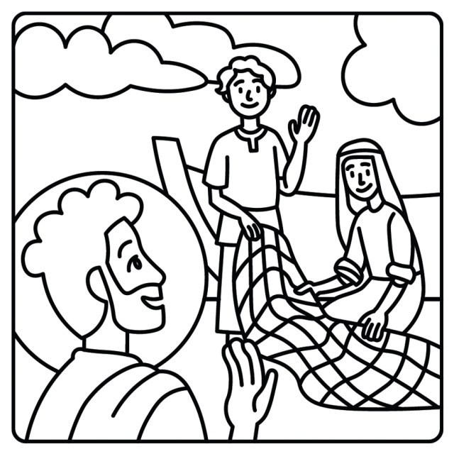 A line drawing of Jesus calling Andrew and Simon Peter from their boat along the sea