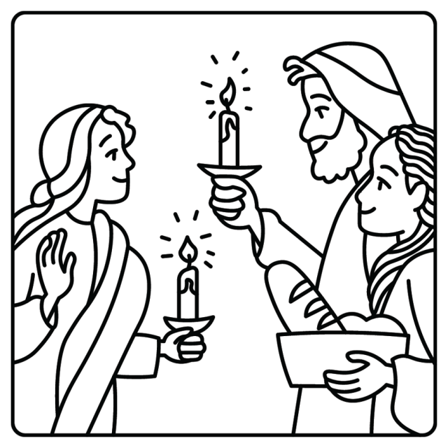 A cartoon line drawing of people holding candles