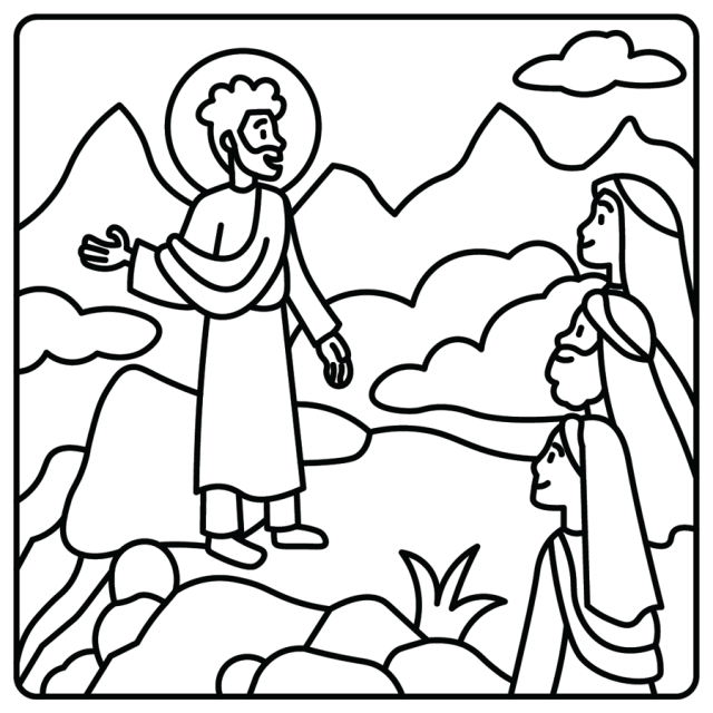 A cartoon line drawing of Jesus preaching to a crowd on a mountaintop