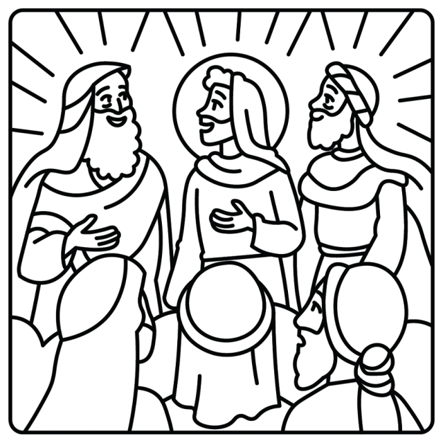 A cartoon line drawing of Jesus standing with Elijah and Moses during the Transfiguration