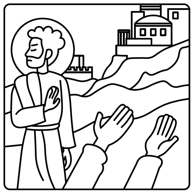 A cartoon line drawing of Jesus being tempted in the desert