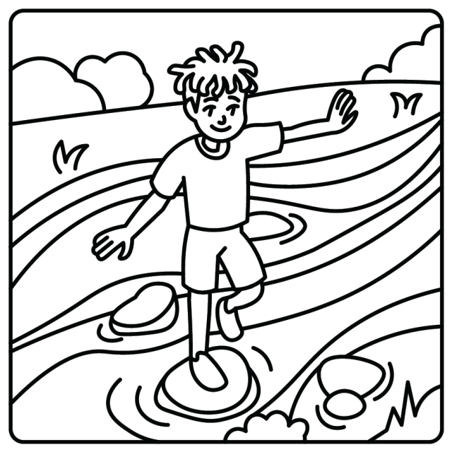 A cartoon line drawing of a child crossing over a creek on stepping stones