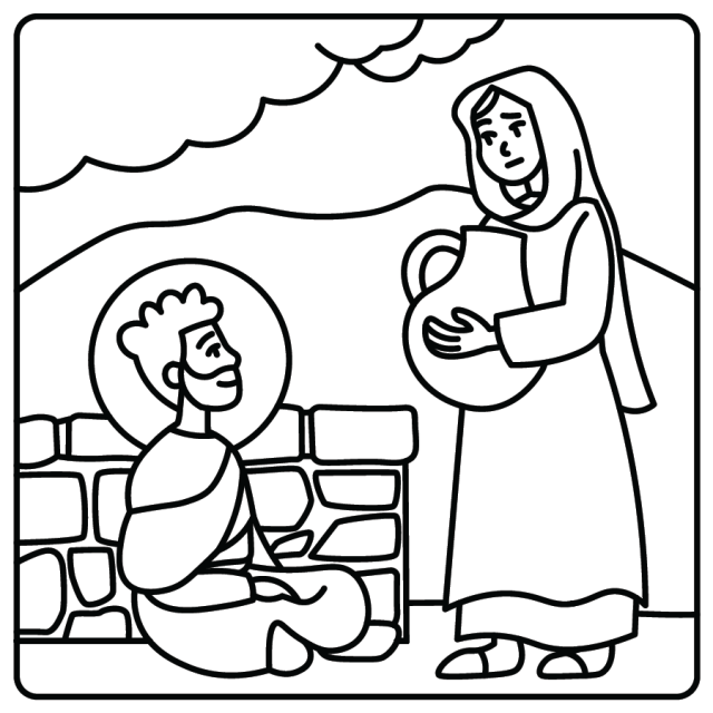 A line drawing of Jesus and the woman at the well