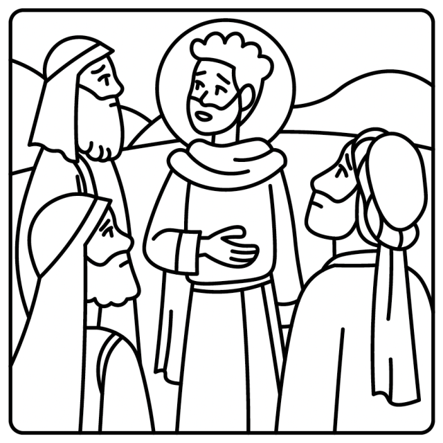 A cartoon line drawing of Jesus talking to the disciples