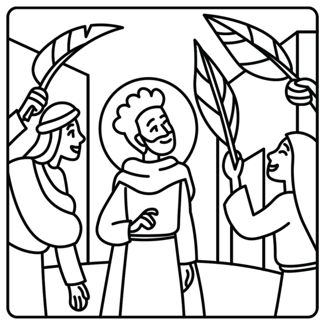 A cartoon line drawing of people waving palm fronds at Jesus on Palm Sunday