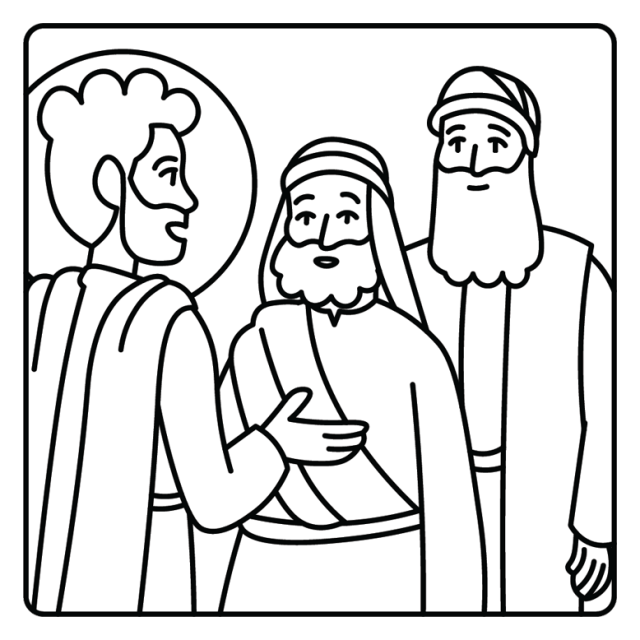 A cartoon line drawing of Jesus talking to the travelers on the road to Emmaus