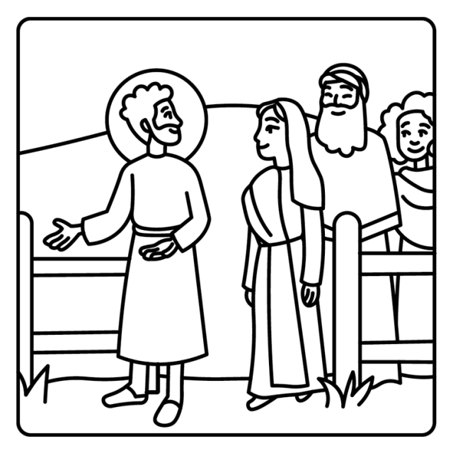 A cartoon line drawing of Jesus pointing to a gate, sharing the parables in John 10